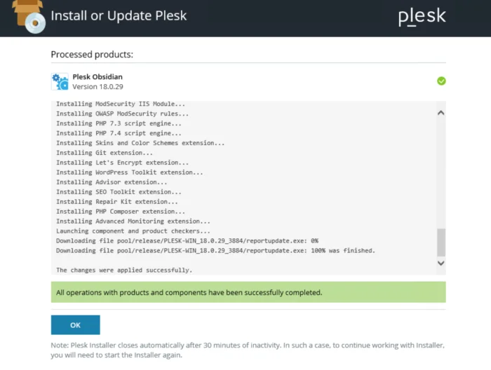 Plesk finished downloading