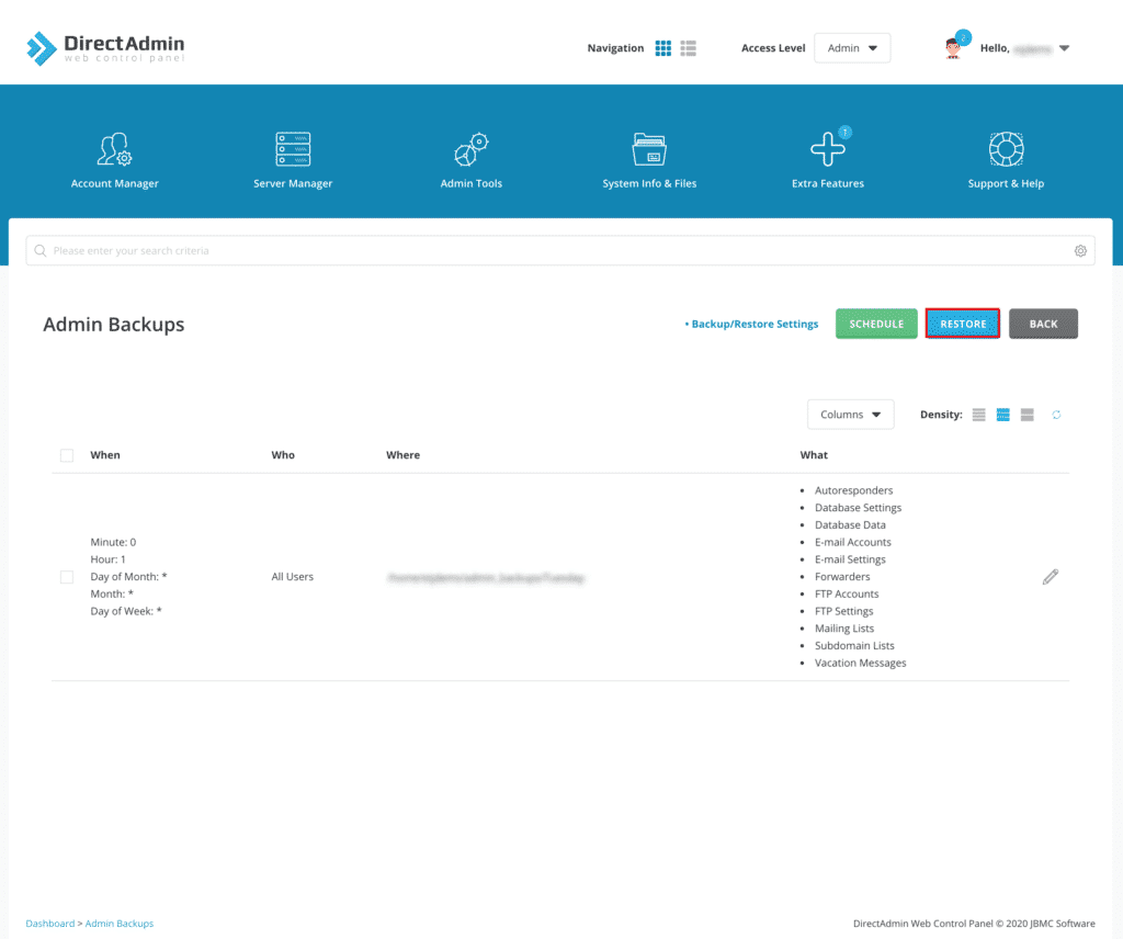 How to create/restore an Admin Backup in DirectAdmin | Snel.com